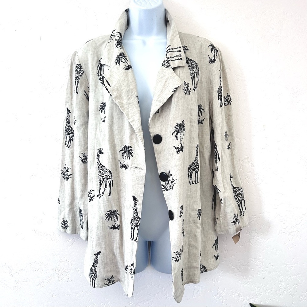 DRESS BARN Vintage 90s Safari Giraffe Linen Blend Oversized Lightweight Blazer M